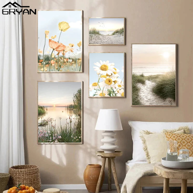 Скандинавская Маргаритка и Маковый цветок холст Художественная печать живопись