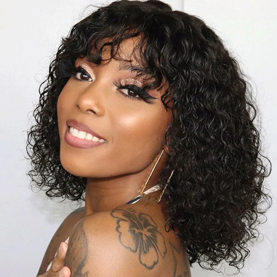 

Short Curly Wig With Bangs Human Hair For Black Women Natural Glueless Kinky Curly Full Machine Made Wig Brazilian Hair 180%