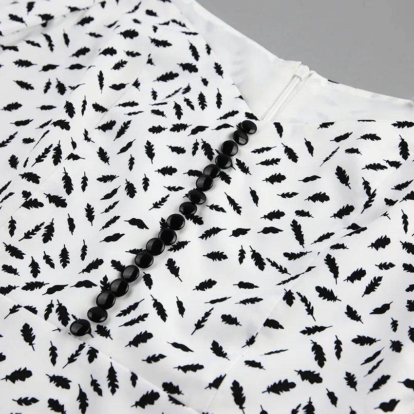 

Chic Leaf Print Dress Women Sexy Square Collar Slit Puff Sleeve White Long Dress Spring Vintage Pattern Button Casual Slim Dress