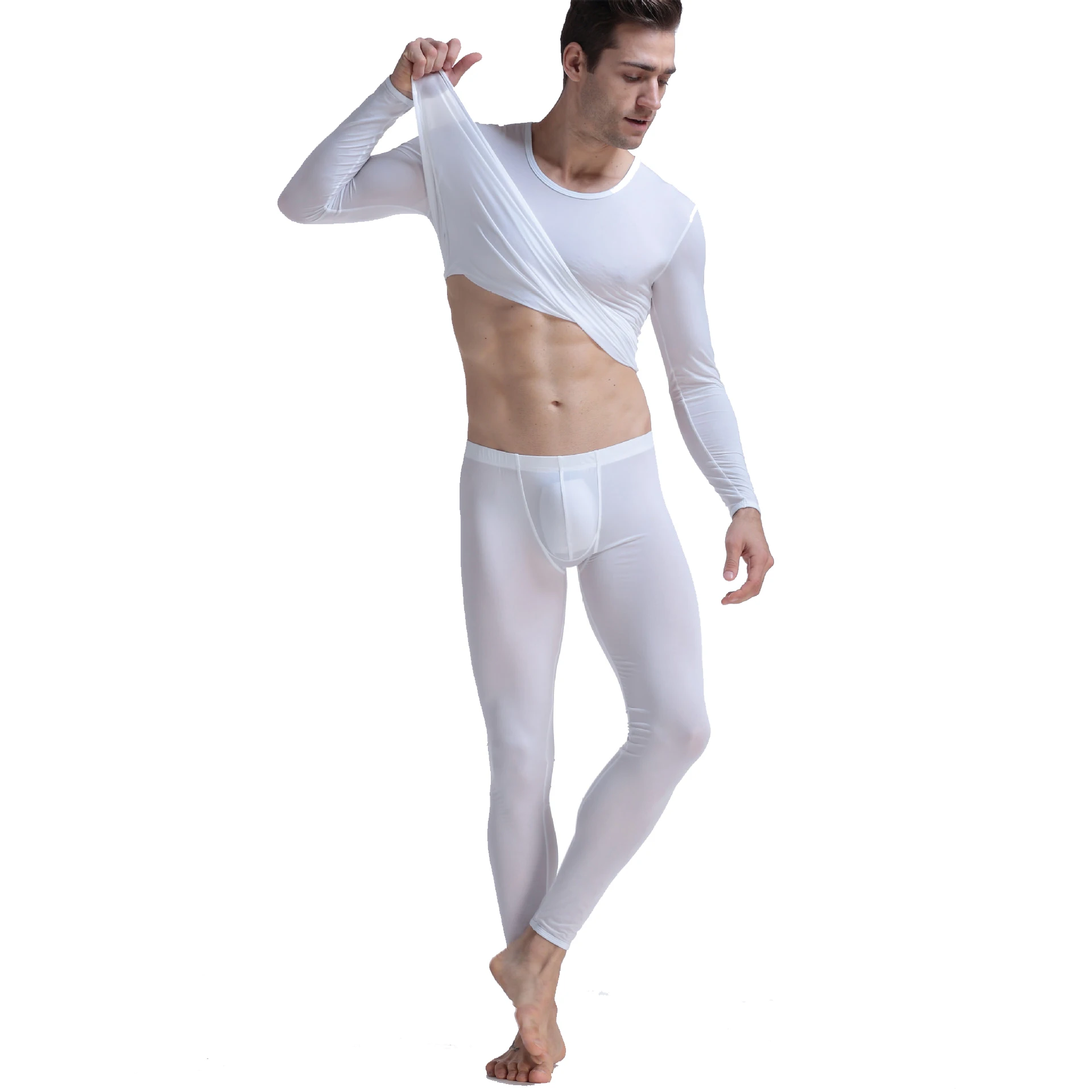 Men's Thermal Underwear Suit Sexy Ultra-thin Silk Translucent Long Johns Brand Thermo Underwear Lounge Man Slim Top Leggings Set
