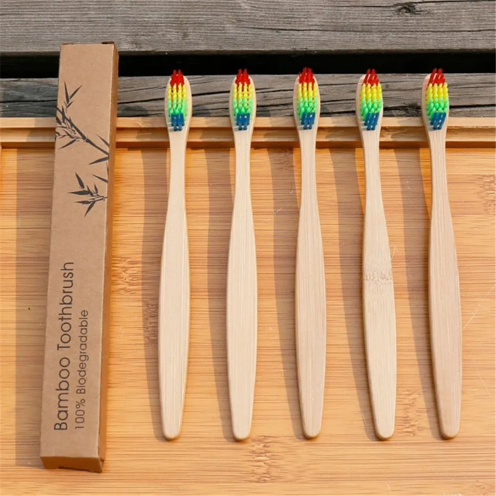 

1 Piece Colorful Head Bamboo Toothbrush Wholesale Environment Wooden Rainbow Bamboo Toothbrush Oral Care Soft Bristle