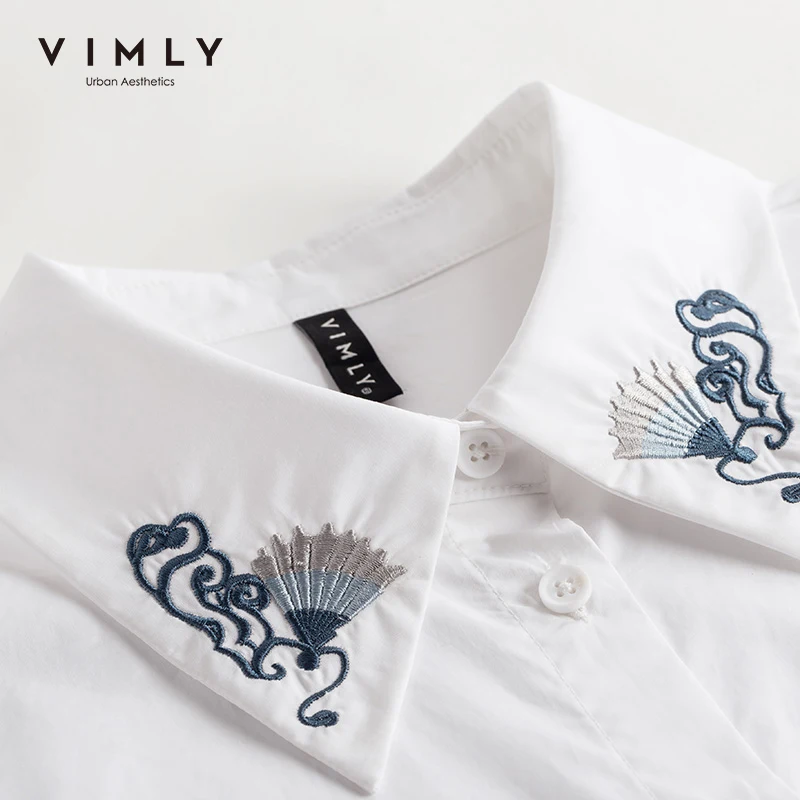 Женская офисная блузка с вышивкой Vimly летняя однотонная в стиле ретро отложным