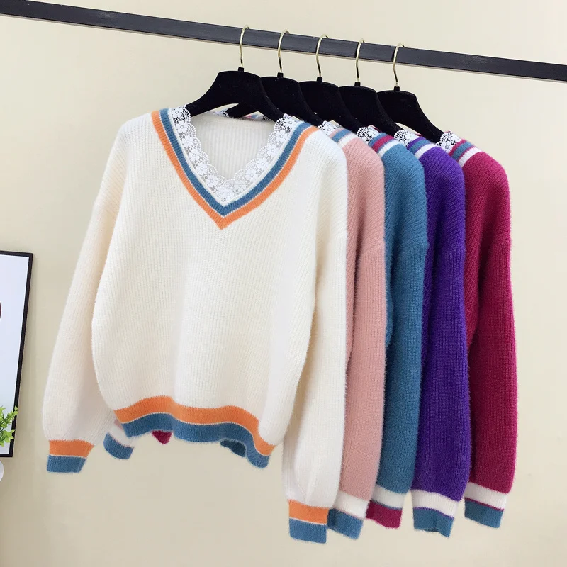 

Lace Closures V-Neck Sweater women's new loose and fashionable short Knitted Top in spring 2021