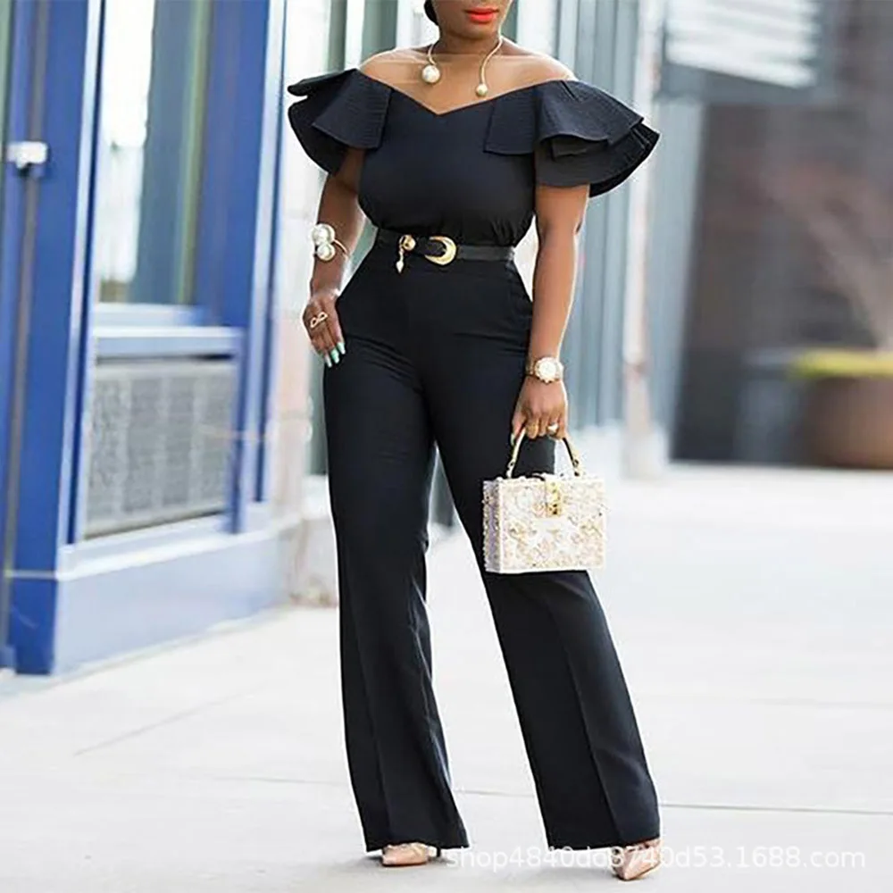 Элегантные женские комбинезоны черные свободные с вырезом лодочкой для офиса в