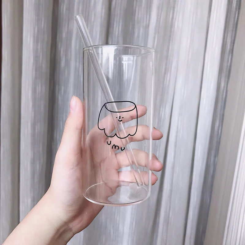 400ml Korean Printed Transparent Glass Coffee Tea Drinks Dessert Breakfast Cup Small Fresh Milk Juice Cold Water With Straw | Дом и сад