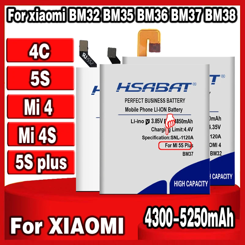 Аккумулятор HSABAT BM32 BM35 BM36 BM37 BM38 5250 мАч для оригинального Xiaomi MI 4C Mi4C Mi 4 m4 mi4 Mi4s 4S Mi5S и