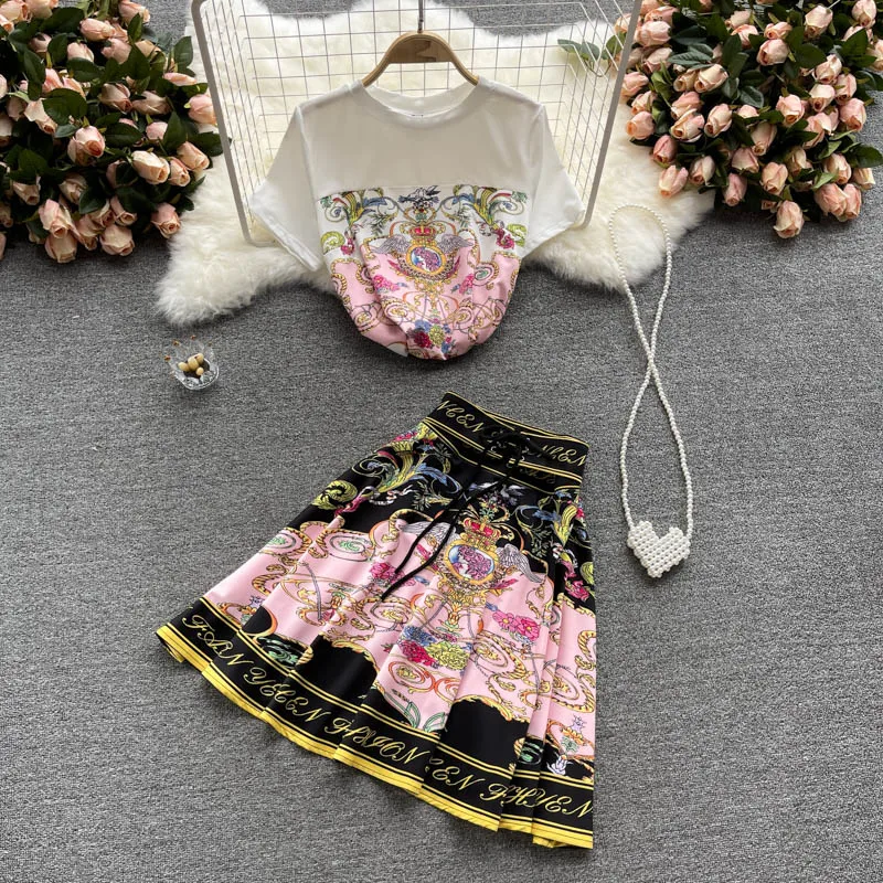 

New Fashion Chic Two Piece Set Women's Suit Printed Patchwork T Shirt &High Waist Mini Lace Up Skirts Female Office Suit Outfits