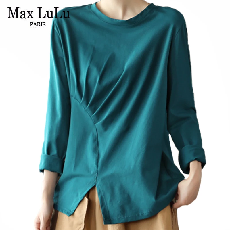 

Max LuLu Women Loose Casual O-Neck Tops 2021 Autumn Korean Style Ladies Elegant Vintage Tee Shirts Solid Design Harajuku Clothes
