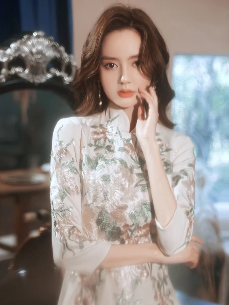 

2022 chinese dress improved cheongsam traditional ao dai exquisite embroidery elegant lady formal evening party qipao dress