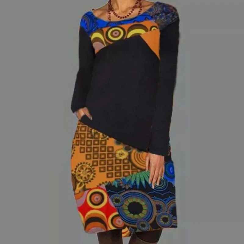 

Women Vintage Patchwork Print Party Dress 2020 Winter Elegant O-Neck Long Sleeve Dresses Female Casual Pockets Dress Vestido 3XL