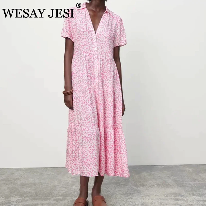 

WESAY JESI TRAF Women's Clothing Dresses Casual Print Vintage Shirt Dress Fashion High Waist Loose Short Sleeve Dress Vacation