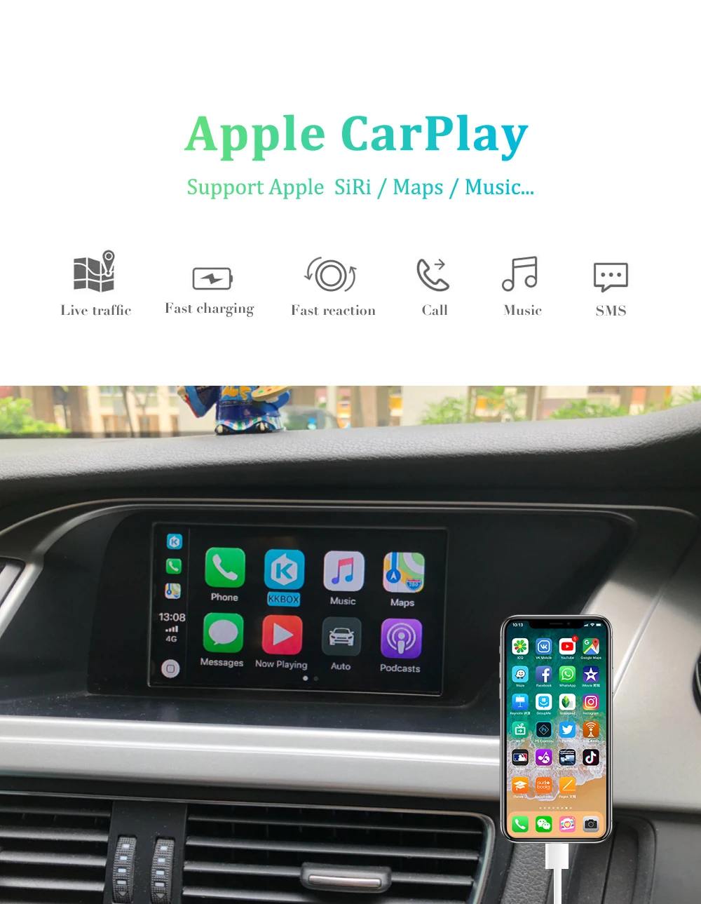 Carlinkit Wireless CarPlay Android Auto Retrofit kit for Audi MMI& No-MMI Original Screen Reverse image CarPlay Decoder