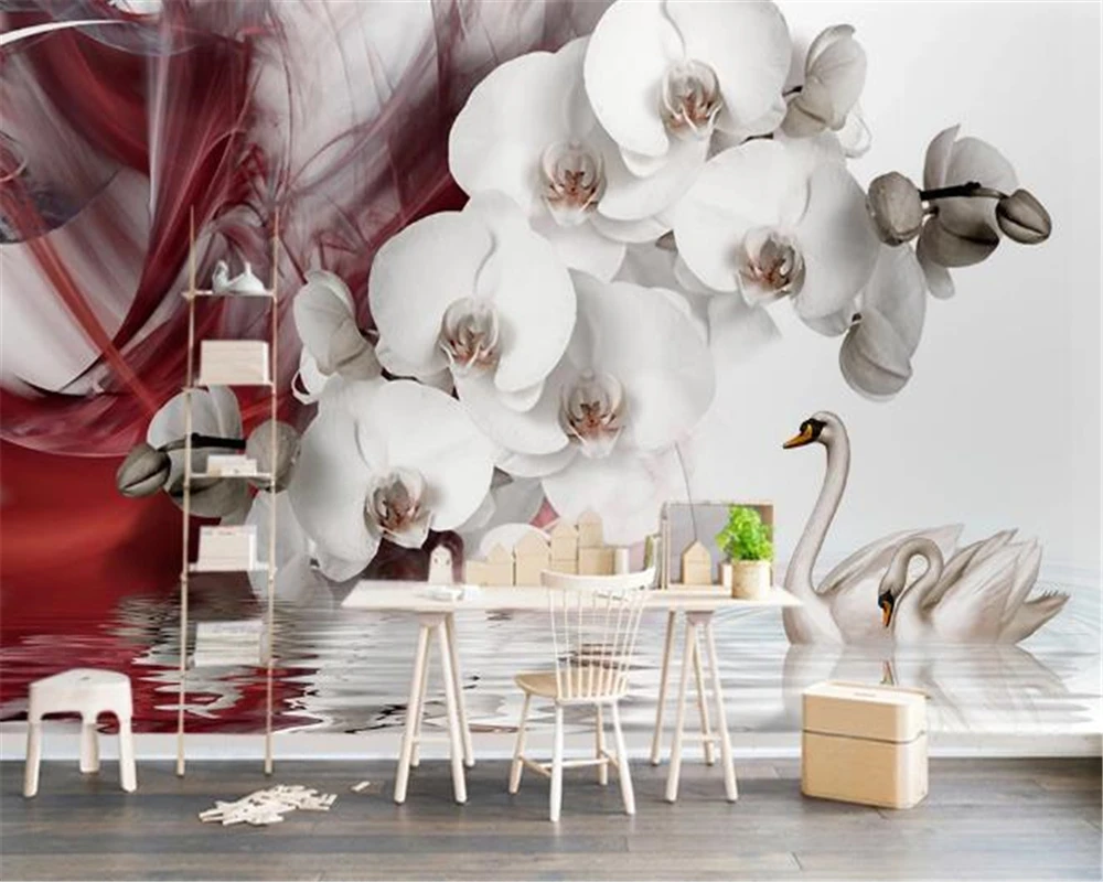 Фото Домашний декор 3d обои современный красивый Лебедь фаленопсис фон для телевизора