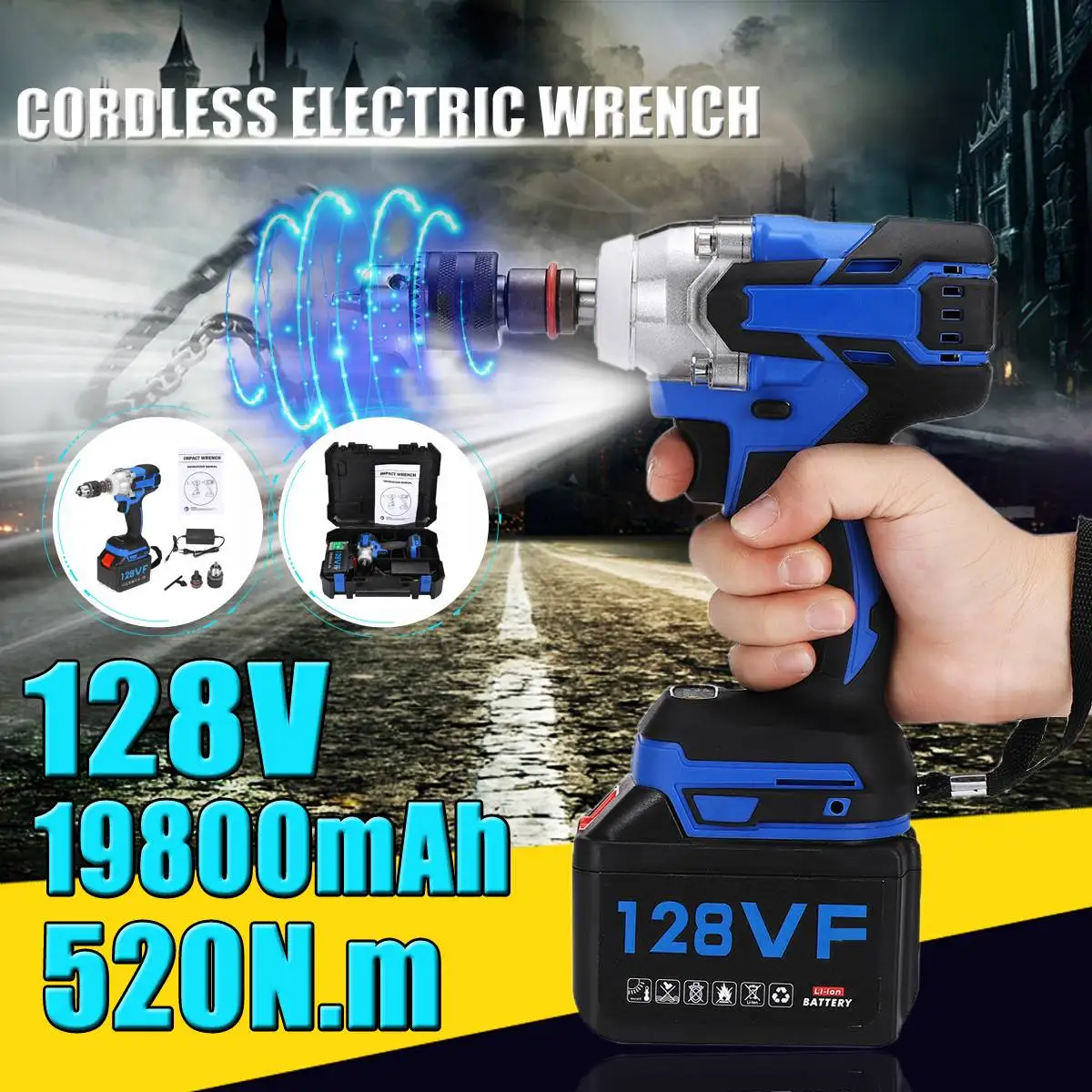 

128VF 520N.M бесщеточный Электрический Аккумуляторный ударный гайковерт Мощность инструменты с 19800Amh Li ion аккумулятор Батарея + светодиодный све...