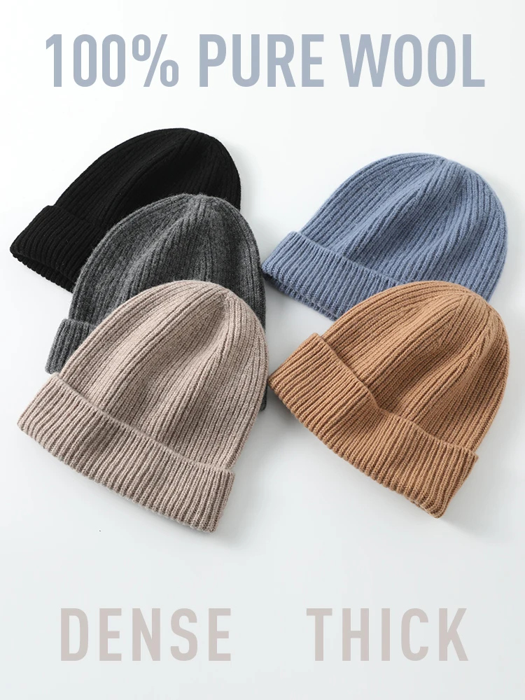 Pure Wool Knit Caps Women 100% Finewool Rib Thick Beanies Warm Hat Soft Spring Winter Stretch Knitting Black Blue Simple Casual