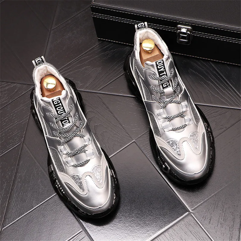 

Кроссовки мужские из серебристой кожи, повседневная обувь в стиле панк, высокие ботильоны на молнии, плоская подошва, хип-хоп