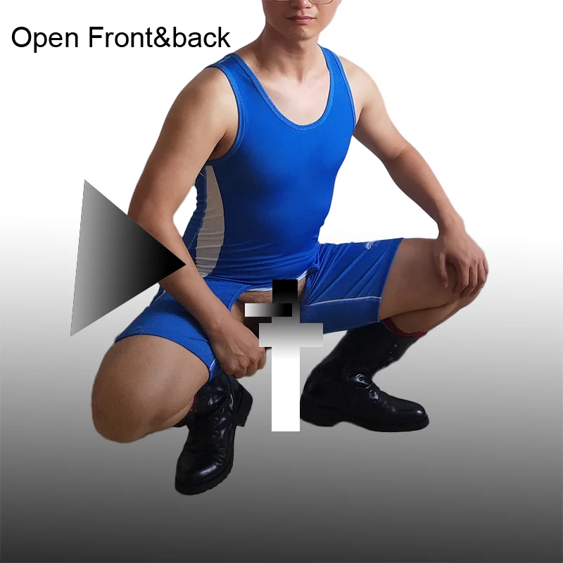 blue open frontback Wurst Мужской Цельный открытый промежность открытая кнопка на заказ гей борцовка фуфайка Сексуальная Тяжелая Атлетика Спортивный костюм - Цвет: blue open frontback
