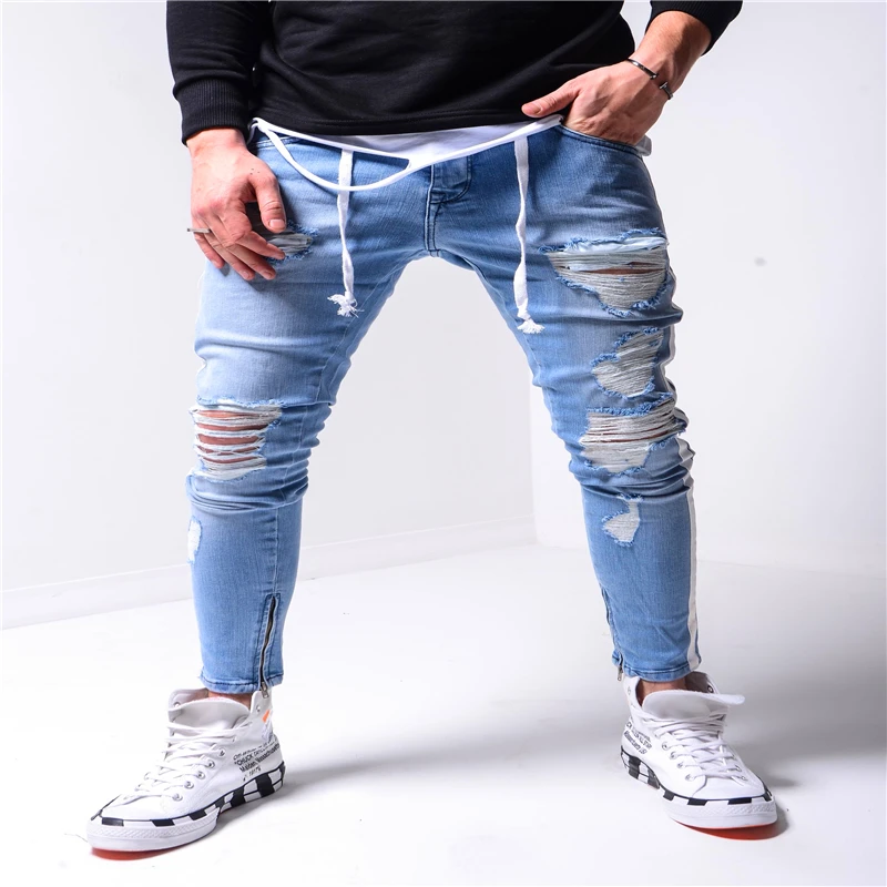Men Spring Fall Plus-Size Holes Small Feet Casual Sports Trend Gray Blue Zippered Pants Jeans
