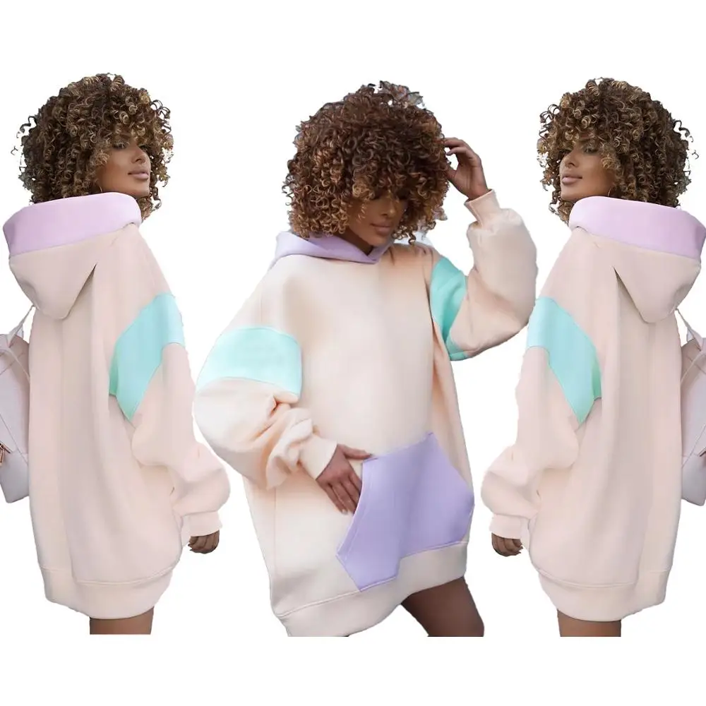 

Fashion Women Sweatshirt Dress Contrast Color Patchwork Female Hooded Pockets Long Sleeve Casual Mini Dresses For Streetwear