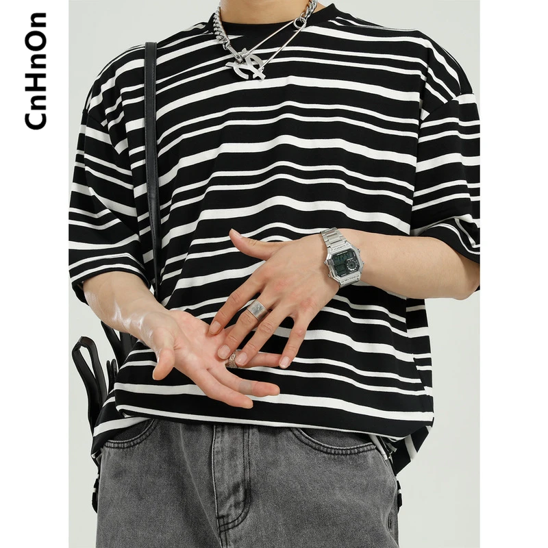 

Summer new product lazy loose T-shirt male Korean style retro striped round neck trendy top M1-AM-2602