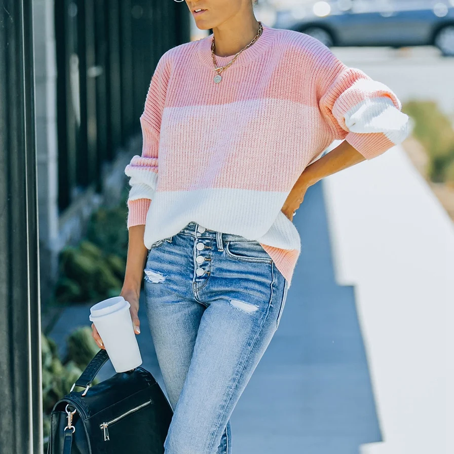 

Women's Slim Cropped Color Contrast Sweater Long Sleeve Loose Knit Jumper Tops