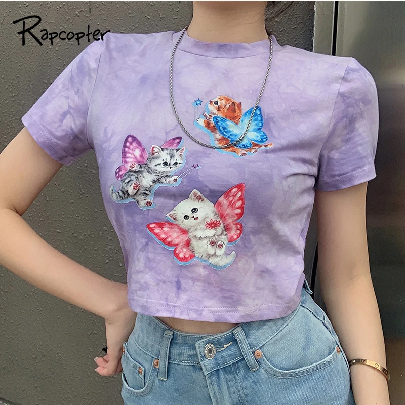 Футболка Y2K с принтом кошки Rapcopter милый укороченный топ Tie Dye футболка коротким