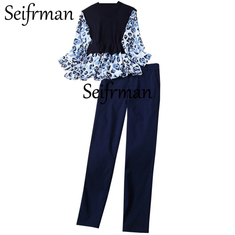 

Seifrmann New 2021 Women Spring Fashion RunwayPant Set Lantern Sleeve Patchwork Ruffles Tops+Solid Long Pants 2 TwoPiecesSuit