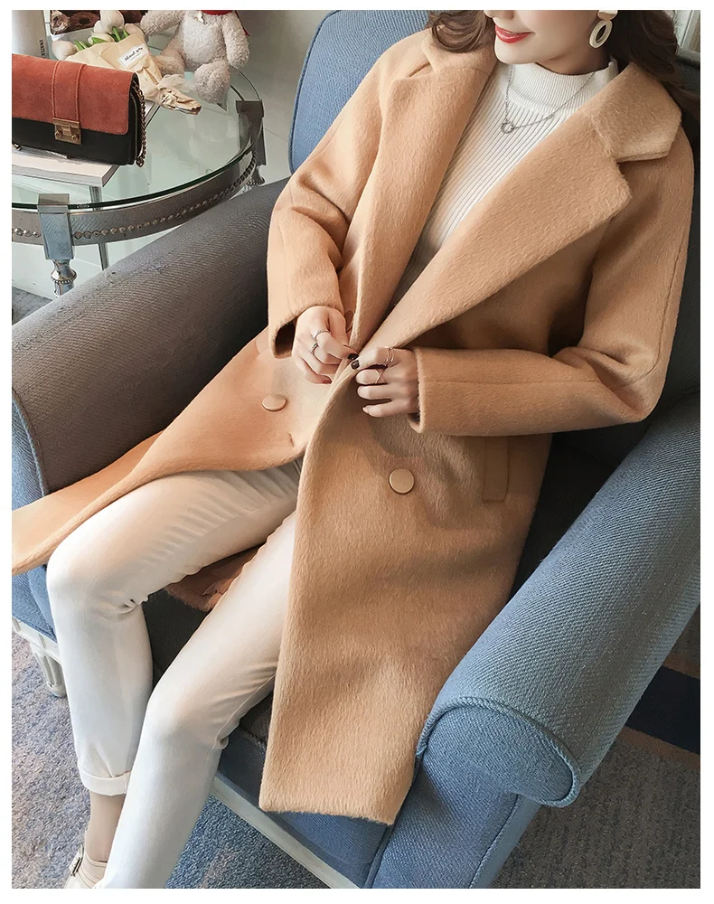 Autumn Winter Korean Overcoat Women 2021 Fashion Vintage Woolen Blend Coats Turn-Down Double Breasted Женская одежда