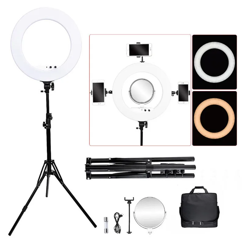 Fosoto FT-R480 кольцевой светильник 18 дюймов фотографический светильник ing 3200-5800K с регулируемой яркостью светодиодный кольцевой светильник штатив и зеркало для камеры телефона
