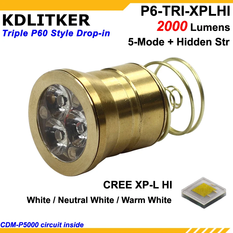 KDLITKER P6-TRI Triple Cree XP-L HI 2000 Lumens 3V - 9V 6-Mode P60 Drop-in Module (Dia. 26 5 мм)  Лампы и