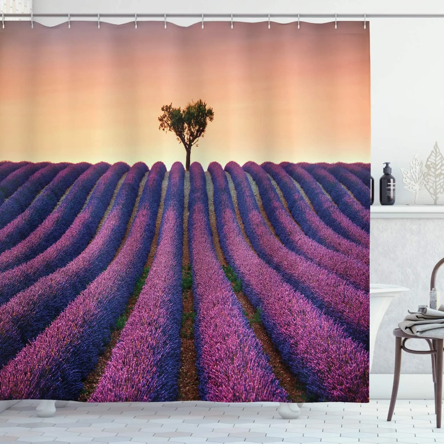 

Farm House Decor Shower Curtain Set Lavender Flowers Blooming Field and A Tree Uphill on Sunset Valensole France Bathroom