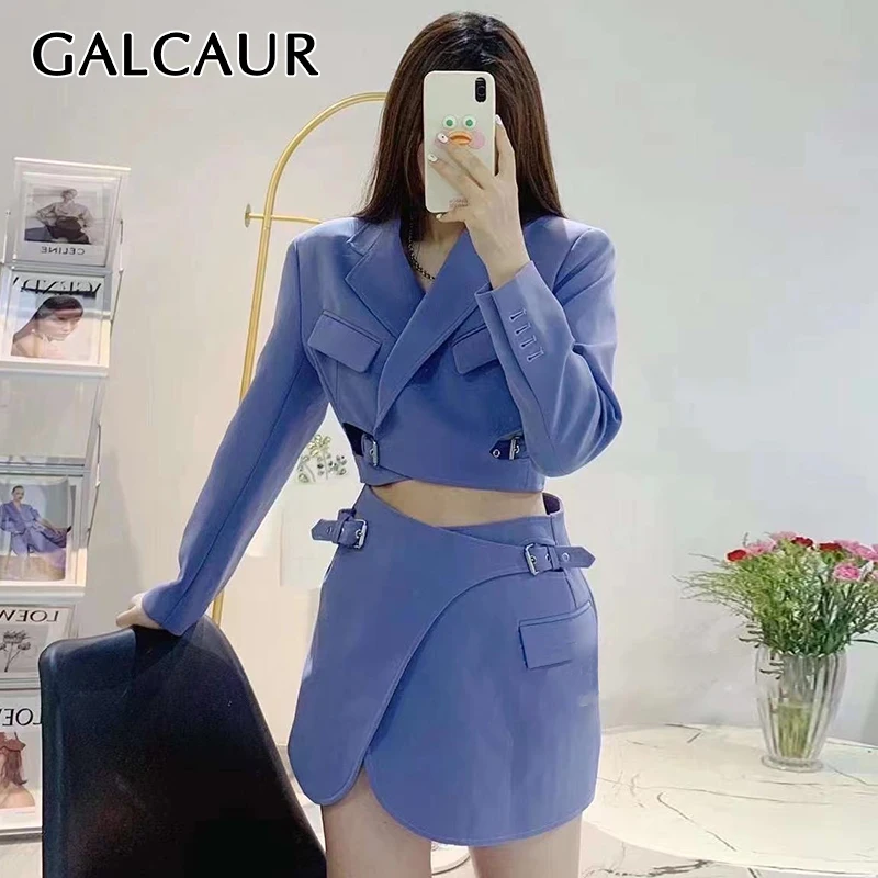 

GALCAUR Purple Two Piece Set Womens Notched Long Sleeve Tops High Waist Irregular Skirts Solid Suits Female Korean Fashion 2021