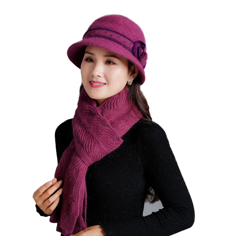 

SUOBHRY New Winter Women Rabbit Fur Scarf Hat Set Ms. Wool Mixed Hood Knitted Hat Sets Thick Middle Age Mother Cap Gift