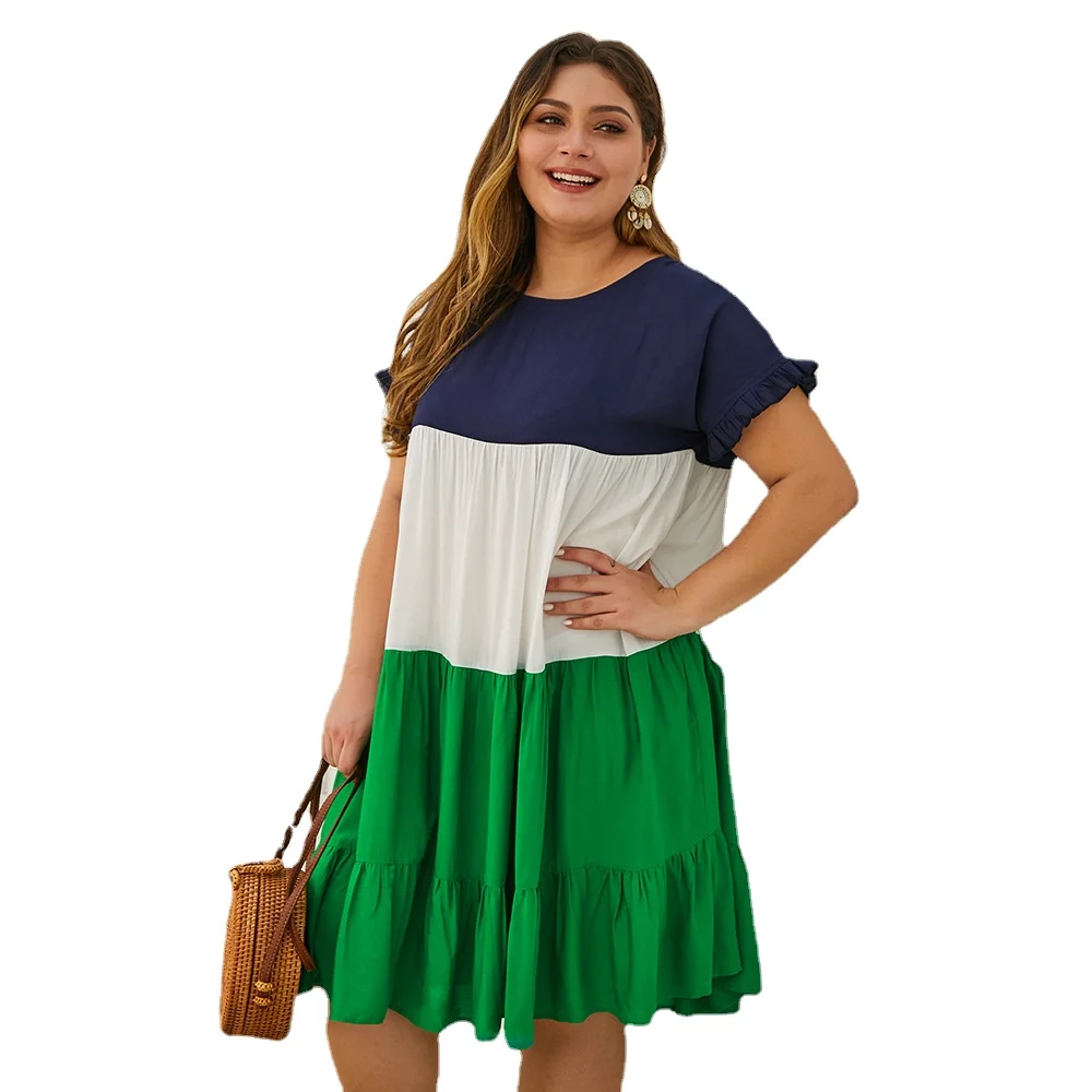 

Fashion Large Size Women's Dress Spring Summer Cotton Dress Stitching Color Striped Straight Dress