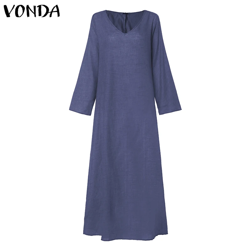Blue VONDA женское богемное длинное платье макси, повседневное свободное пляжное платье с длинным рукавом, Осенние вечерние платья, винтажное платье для женщин размера плюс - Цвет: Blue