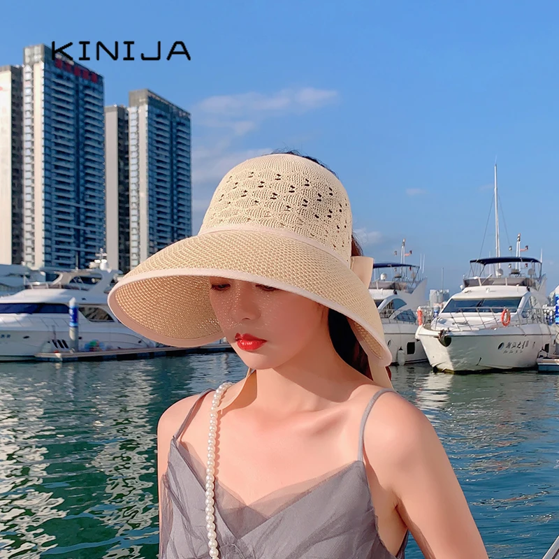 

Summer ladies hats and caps uv protection straw hat sombrero playa beach hats women Hollow out Bandage wide brim Visor sun hat