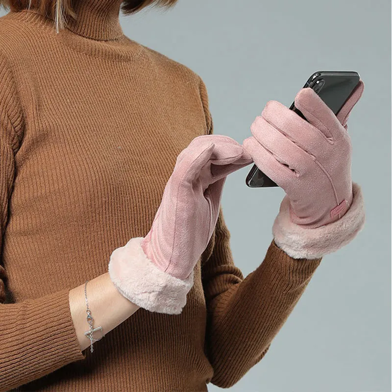 New Winter Female Lace Warm Cashmere Three Ribs Cute Mittens Double Thick Plush Wrist Women Touch Screen Driving Gloves