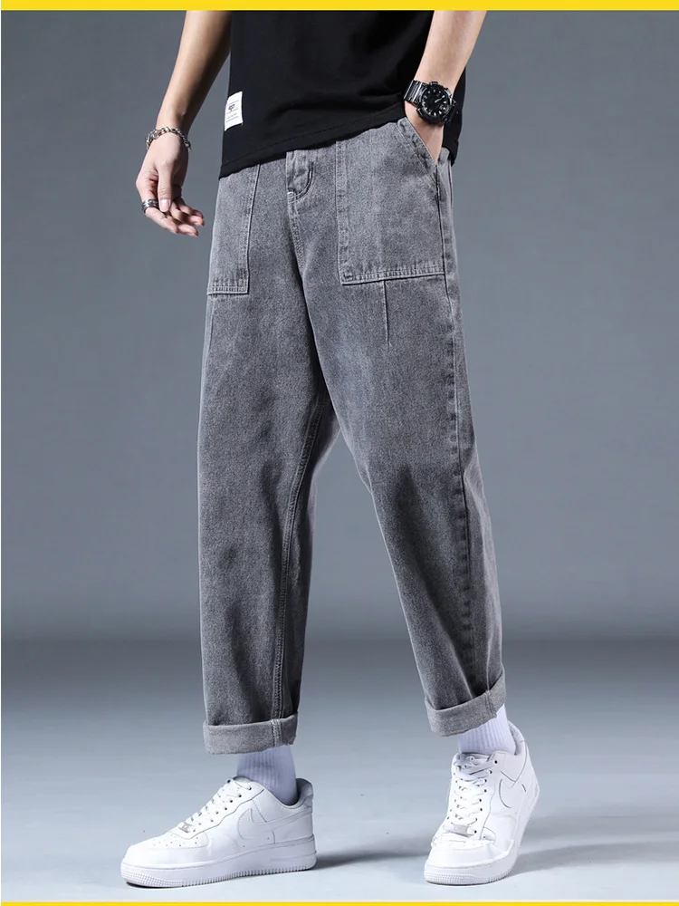 

Straight Leg Pants Men Jeans Teenager Daily Sports Casual Elastic Streetwear Boy Mens Trousers Universal 28-42