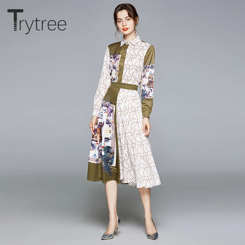 

Trytree 2021 Spring Autumn Two Piece Women Set Fashion Asymmetric Printed Shirt + Zip Mid-Calf Skirt Office Lady 2 Piece Suit