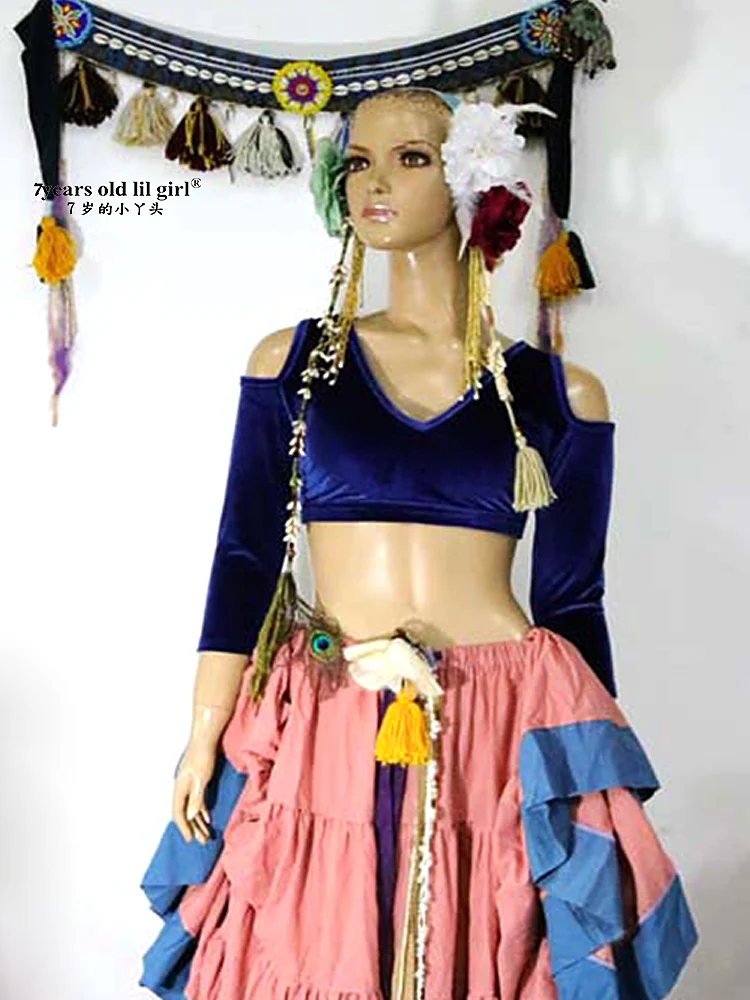 Бархатные толстый шанс Племенной чоли для танца живота падения с длинным рукавом