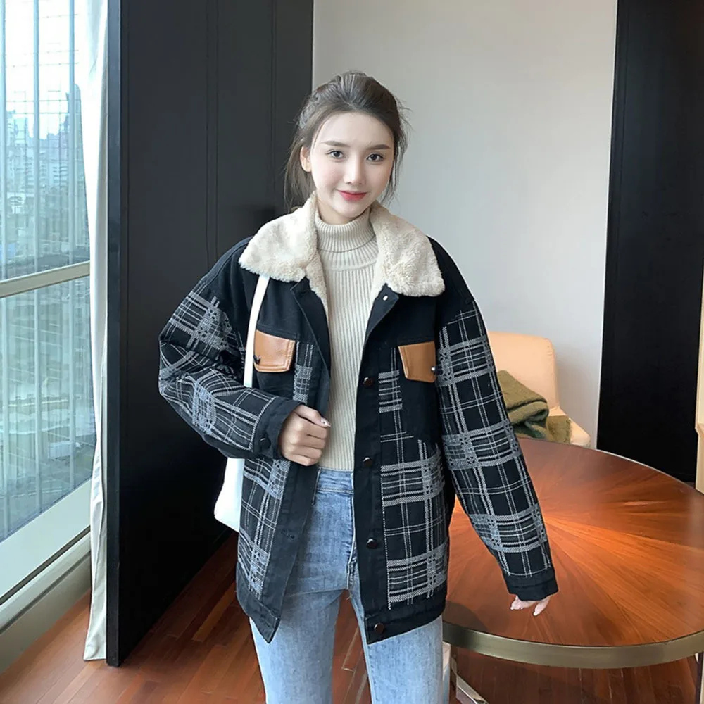 

Black Lattice Stitching Lamb Hair Lining Denim Jackets Women Winter 2021 Korean Style Wild Short Plus Velvet Thick New Jean Coat