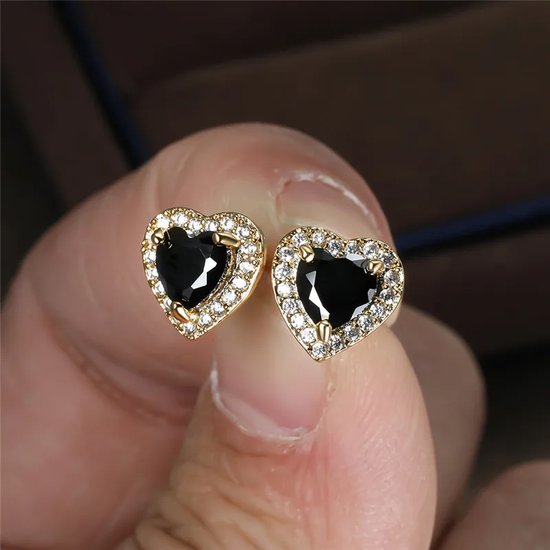 

Cute Female Crystal Love Heart Jewelry Luxury Black Gold Small Stud Earrings Charm Bride Black Zircon Wedding Earrings For Women