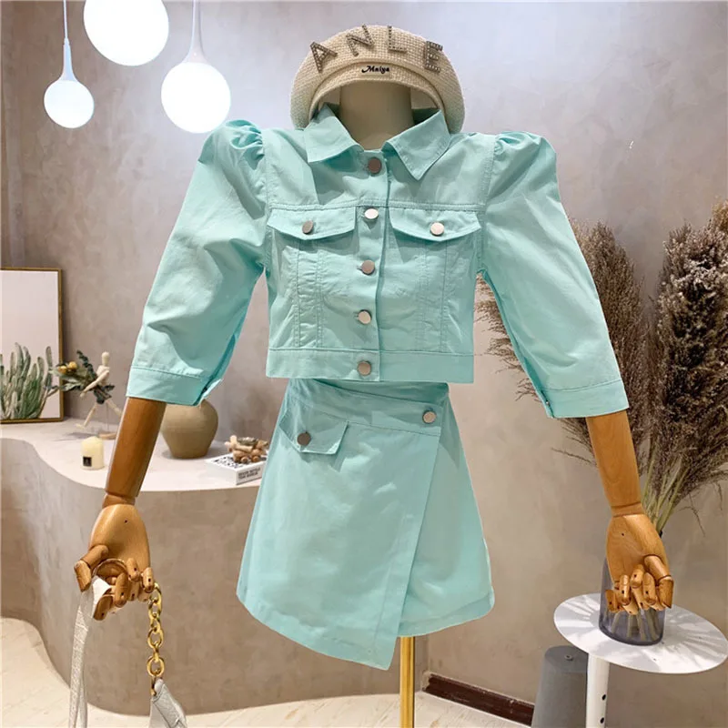 

Женский костюм из двух предметов, однотонный костюм с коротким топом и асимметричной юбкой с высокой талией, в Корейском стиле, лето 2021