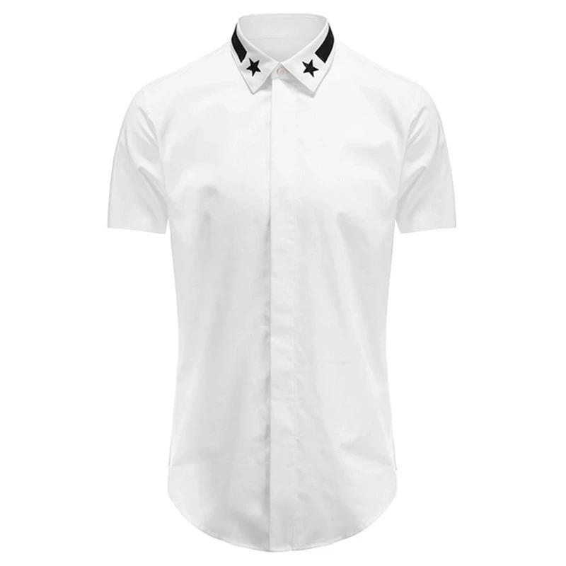 Star with the same collar star embroidery fashion slim men's short-sleeved shirt non-iron black and white small size shirt