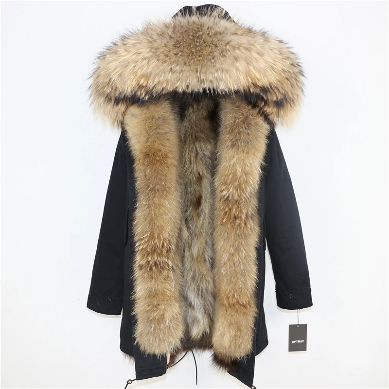 black natural E Женская парка на натуральном меху OFTBUY, черное пальто с натуральным лисьим мехом, с капюшоном с отделкой из меха енота, толстая теплая уличная одежда, зима - Цвет: black natural E