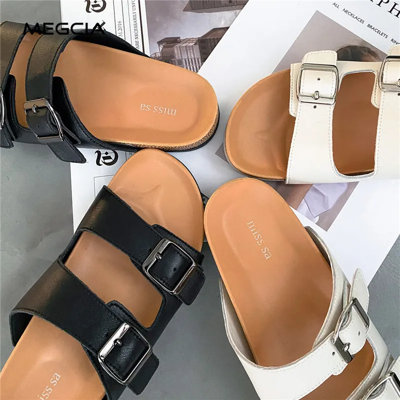

MEGCIA 2021 Summer Women Sandals Flat Platform Shoes Buckle Slippers Gladiator White Black Ladies Slipper Shoes Casual New S15M