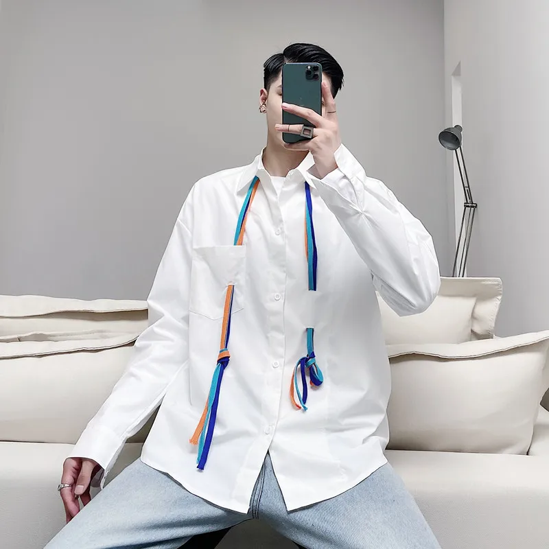 

Man Youthful Streetwear Shirts Color Webbing Shirt Men Trend Fashion White Loose Casual Long Sleeve Shirt Tops