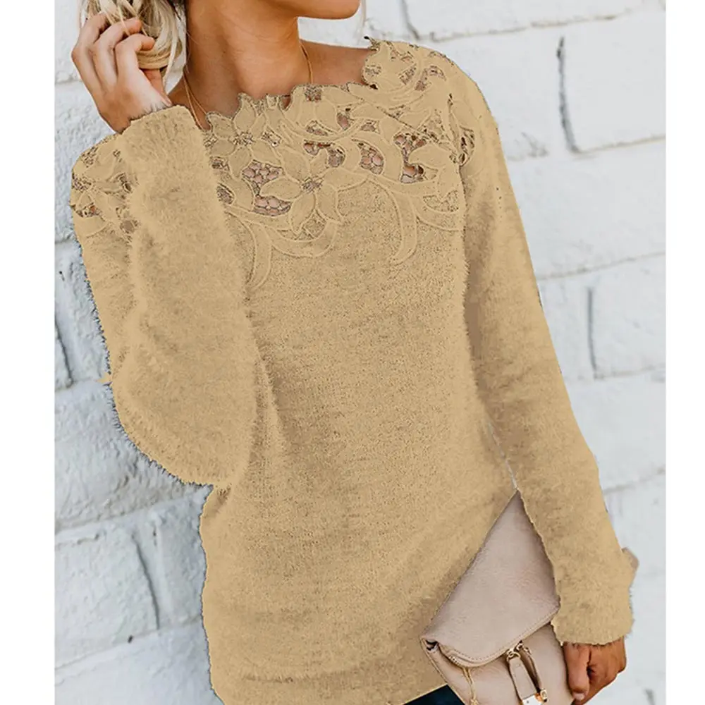 

Gentillove Lace Slash Neck Women Sweater Flower Hollow Out Lady Pullovers Autumn Female Winter Plush T-Shirt sweatshirts