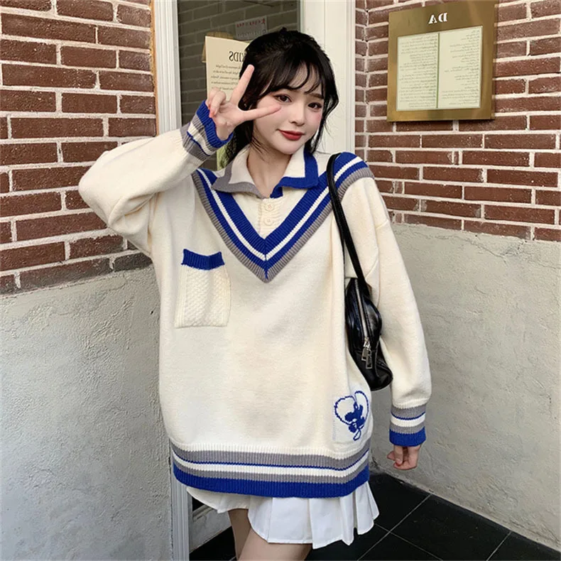 

2021 new cute wear a false two sweaters female Korean version of foreign style age-reducing college Polo collar sweater tide