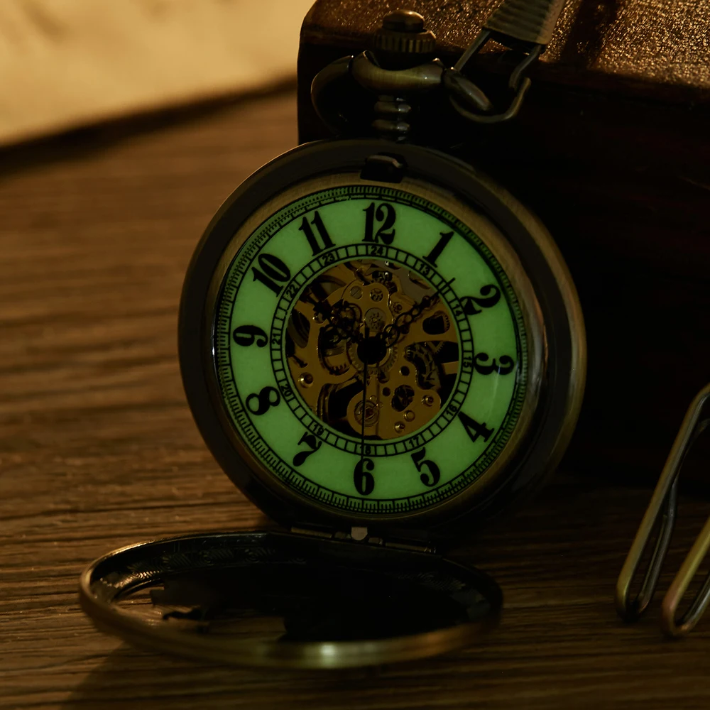 Hollow Luminous Deer Skeleton Mechanical Pocket Watch Double Open Cover Fob Chain Gift Men Steampunk Pendant Gifts Women